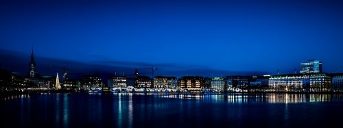 Hamburgas, Binnenalster, Jungfernstieg, Mėlyna Valanda, Panorama, Žibintai, Veidrodis