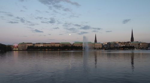 Hamburgas, Alster, Vanduo, Vokietija, Miestas, Jungfernstieg, Dusk, Vasara, Innenalster