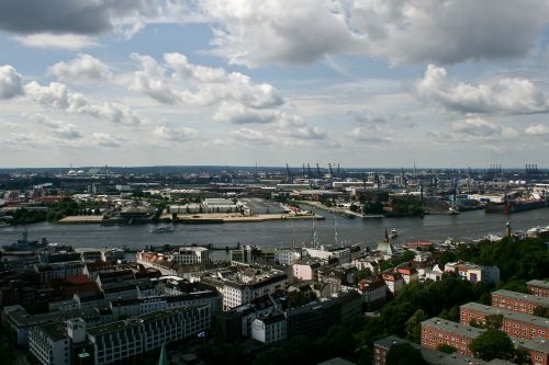 Hamburgas, Uostas, Elbe, Vokietija, Landungsbrücken, Uosto Kranai, Laivai, Pontonas, Kranai, Vanduo, Šiaurinė Vokietija, Michel