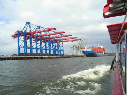 Hamburgas, Uostas, Elbe, Uosto Kranai, Upė, Vanduo, Technologija, Kranas, Laivas, Transportas, Laivyba, Konteinerių Laivas
