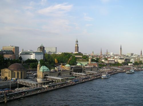 Hamburgas, Landungsbrücken, Panorama, Elbe, Michel