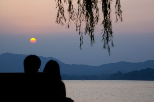 Hangzhou, Kinija, Ežeras, Saulėlydis, Pora, Horizontas, Romantika