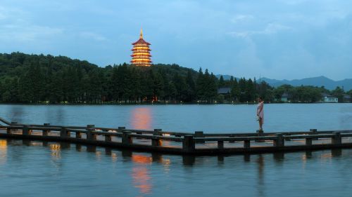 Hangzhou Vakarinis Ežero Naktis, Leifeng Pagoda Žiburiai, Vakarinio Ežero Tilto Parkas