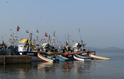 Uostas, Žvejyba, Valtys, Upė, Aghanashini, Tadri, Karnataka, Indija