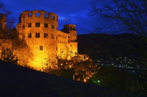 Heidelbergas, Pilis, Naktis, Apšvietimas, Tvirtovė, Baden Württemberg, Pastatas, Architektūra, Senamiestis, Vakaras, Istorinis Miestas