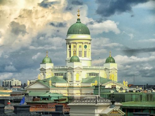 Helsinki, Finland, Miestas, Pastatai, Bažnyčia, Panorama, Dangus, Debesys, Hdr