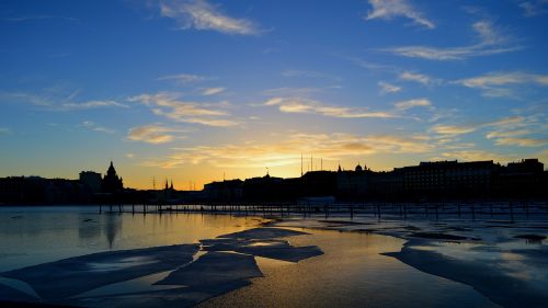 Helsinki, Suomių, Miestas, Jūra, Saulėlydis, Saulė, Ledas, Mėlynas Dangus, Žiema