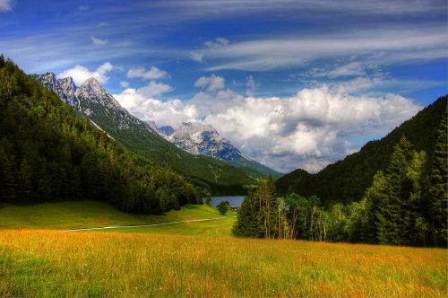 Hintersteiner Ežeras, Tyrol, Austria, Kalnai, Debesys, Kraštovaizdis, Alpių, Vasara, Dangus, Alm, Žygiai, Panorama, Žygis, Miškas, Kalnų Pieva