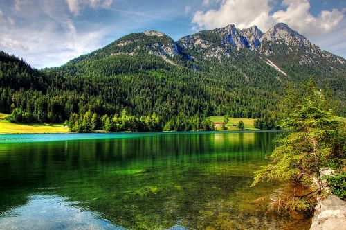 Hintersteiner Ežeras, Ežeras, Kraštovaizdis, Gamta, Bankas, Medžiai, Debesys, Vanduo, Kalnas, Tyrol, Austria, Alpių, Kalnai, Bergsee, Tirolo Alpės, Mėlynas, Žalias, Dangus
