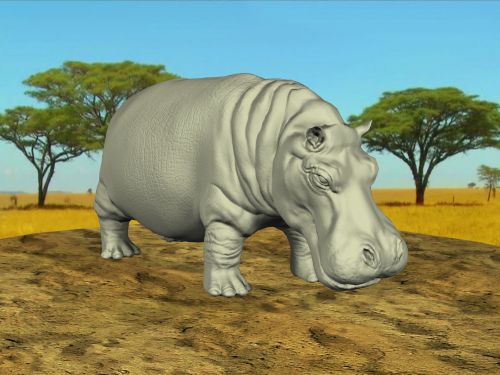 Hippo,  Pelėnas,  3D,  Piešimas,  Afrikos,  Safari,  Laukiniai,  Gyvūnai,  Medžiai,  Pilka,  Hippo 3D