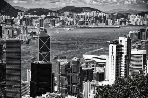 Honkongas, Juoda Ir Balta, Panorama, Dangoraižis, Architektūra, Sw, Stiklo Fasadai, Miesto Centras, Biurų Pastatas, Debesys, Dangus