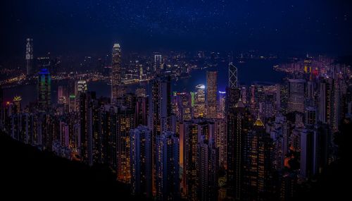 Honkongas, Kinija, Uostas, Miestas, Dangoraižiai, Naktis, Naktinis Miestas