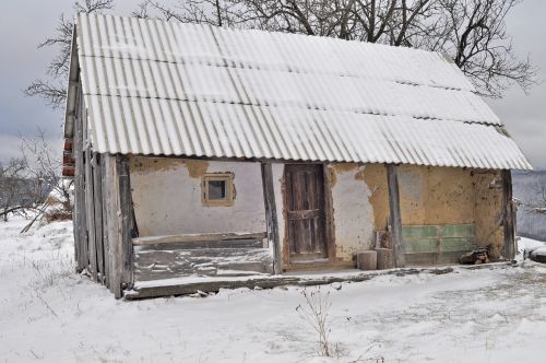 Namas, Paliktas, Mediena, Žiema, Sniegas