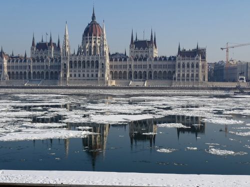 Vengrijos Parlamento Pastatas, Parlamentas, Budapest, Vengrija, Kapitalas, Danube, Pastatas, Architektūra, Upė, Atspindys, Žiema, Ledas, Krekingo, Kranto