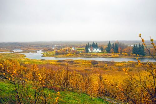 Iceland, Kraštovaizdis, Vaizdingas, Kritimas, Ruduo, Spalvos, Spalvinga, Bažnyčia, Pastatai, Upė, Fjordas, Miškas, Medžiai, Miškai, Gamta, Lauke, Šalis, Kaimas, Kaimas, Nuotolinis, Hdr