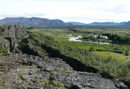 Iceland, Thingvellir, Kraštovaizdis, Rokas, Įtrūkimai, Kontinentinės Plokštės, Kontinentinis Poslinkis, Panorama, Upė, Kalnai, Vulkanizmas, Þingvellir