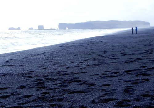 Iceland, Juodas Paplūdimys, Akmenys, Nuotaika, Mėlynas, Poilsis, Horizontas, Migla, Jūra, Reynisdrangar