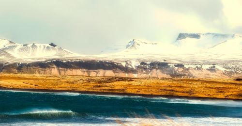 Iceland, Panorama, Jūra, Vandenynas, Kalnai, Žiema, Sniegas, Ledas, Saulėtekis, Rūkas, Migla, Gamta, Lauke, Turizmas