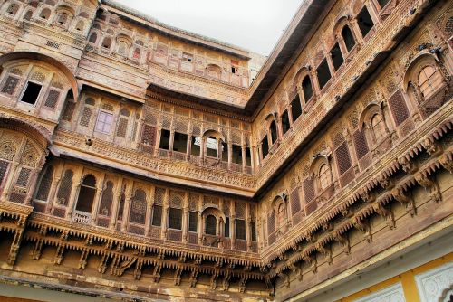 Indija, Rajasthan, Jaisalmer, Rūmai, Maharaj, Fasadai, Mugalo Architektūra, Langai, Apdaila, Geltonas Smiltainis