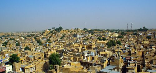 Indija, Rajasthan, Jaisalmer, Apatinis Miestas, Panorama, Geltonas Smiltainis