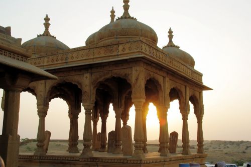 Indija, Rajastanas, Saulėlydis, Jaisalmer, Rūmai, Architektūra, Kapai