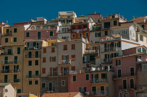 Italy, Cinque Terre, Riomaggiore, Fasadai, Kaimas