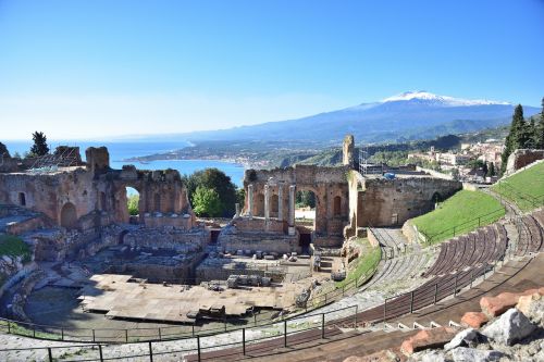 Italy, Kraštovaizdis, Sicilija, Taormina, Teatro Greco, Etna