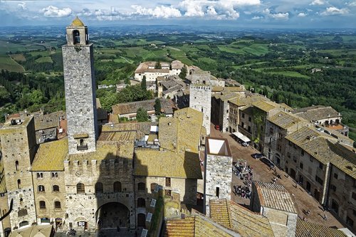 Italija,  Toskana,  San Gimignano,  Istorinis Centras,  Struktūros,  Bokštai,  Panorama,  Dangus