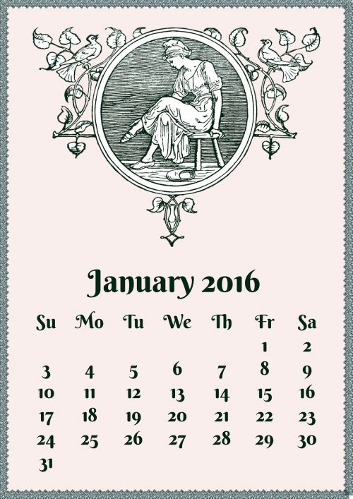 Sausis, Kalendorius, Vintage, Mergaitė, Rėmas, Gėlė, Kėdė, Pėdos, Mėnuo, Vynmedis, Lapai, Nėriniai, Datas, 2016