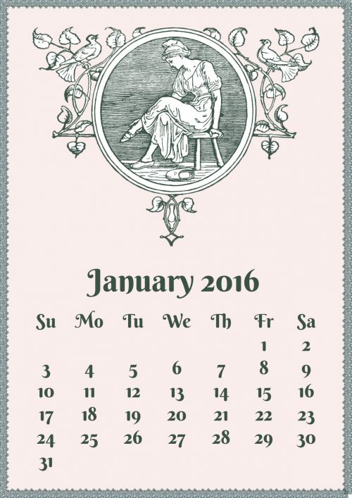 Sausis,  2016,  Kalendorius,  Vintage,  Mergaitė,  Kėdė,  Juoda,  Grietinėlė,  Nėriniai,  Rėmas,  Lapai,  Vynmedis,  Metai,  Iliustracija,  Mėnuo,  2016 M. Sausio Mėn. Vintage Dizainas