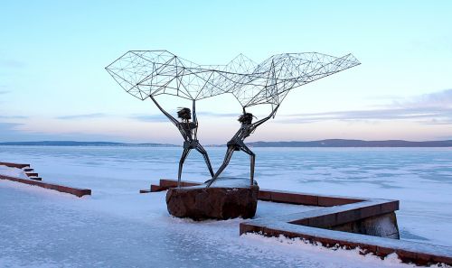 Karelija, Petrozavodskas, Ežero Onega, Žvejai, Metalo Skulptūra, Žiemos Peizažas, Krantinė