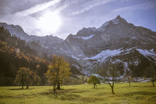 Karwendel, Alpių, Atgal Šviesa, Kalnai, Medžiai, Ruduo, Eng, Apšvietimas