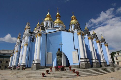 Kiev, Ukraina, Bažnyčia, St Michaelis, Mėlynas, Statula, Pastatas