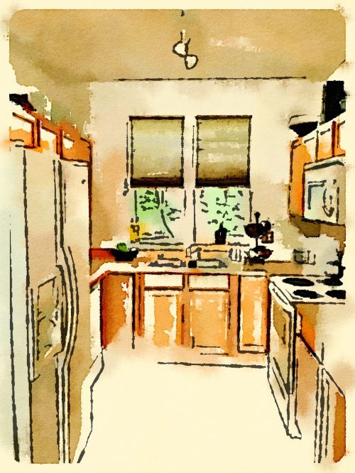 Virtuvė, Akvarelė, Piešimas, Interjeras, Namas