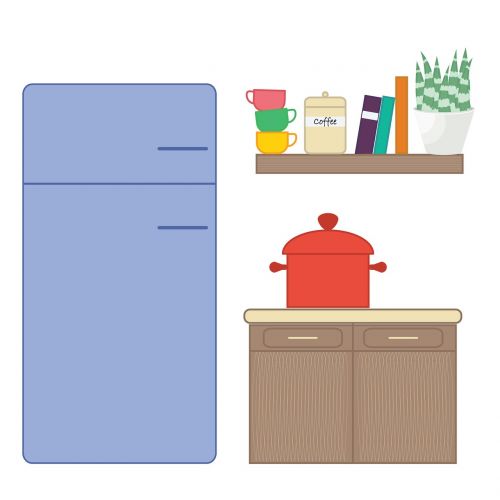Virtuvė, Virimo, Plokščias Dizainas, Vienodos Spalvos, Spalvinga, Šaldytuvas, Šaldytuvas