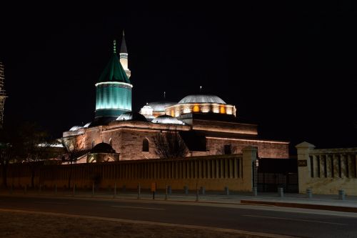 Architektūra, Mevlevi, Konya, Mevlano Muziejus, Islamas, Religija, Orientyras, Naktis, Tamsa, Žibintai, Turkija
