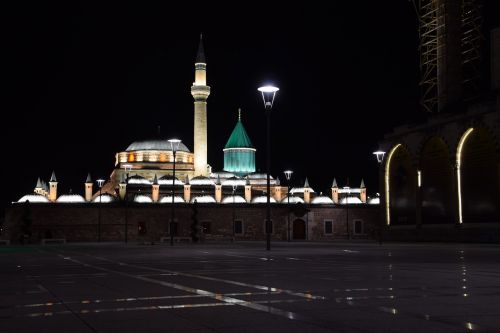 Konya, Mevlano Muziejus, Islamas, Religija, Orientyras, Naktis, Tamsa, Žibintai, Turkija