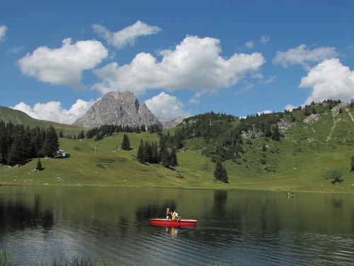 Körbersee, Boot, Alpių, Austria, Vorarlbergas, Šventė, Alpių Ežeras, Ežeras, Bregenzerwald, Žygiai, Taikinys, Veidrodis, Gamta, Kraštovaizdis