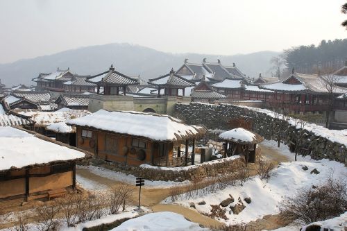 Korėjos Kaimo Sniegas, Tradicinis Kaimas, Korėja, Liaudies, Kaimas, Sniegas, Žiema, Tradicija, Asian, Lauke, Šaltas, Namas, Tradicinis, Kultūra, Kelionė, Turizmas