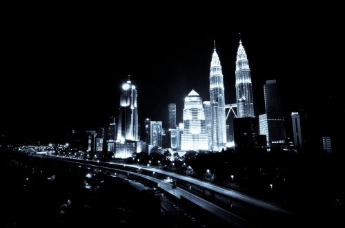 Kuala Lumpur, Miesto, Naktis, Pastatas, Šiuolaikiška, Dangoraižis, Architektūra, Miesto Panorama, Futuristinis, Juoda Ir Balta