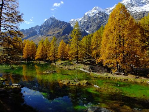 Lago Bleu, Valle Daosta, Aosta Slėnis, Ežeras, Veidrodis, Atspindėti, Ruduo, Geltona, Spalva, Gamta, Oranžinė, Raudona, Spalvinga