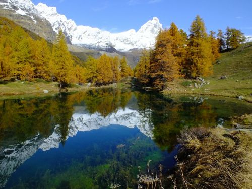 Lago Bleu, Valle Daosta, Aosta Slėnis, Ežeras, Veidrodis, Atspindėti, Ruduo, Geltona, Spalva, Gamta, Oranžinė, Raudona, Spalvinga, Matterhorn, Monte Cervino