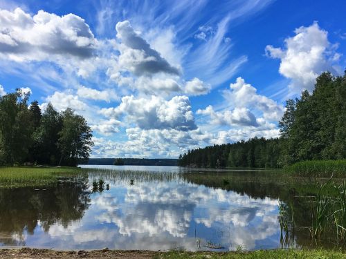 Ežeras, Finland, Debesys, Vanduo, Atspindys, Veidrodis, Gamta, Dangus, Mėlynas, Miškas, Vandenys, Kraštovaizdis, Tylus, Skandinavija, Apleistas, Šiaurė, Poilsis, Nuotaika