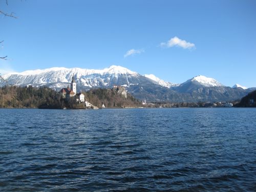 Ežeras, Kalnai, Pilis, Kraštovaizdis, Bled, Slovenia, Žiema