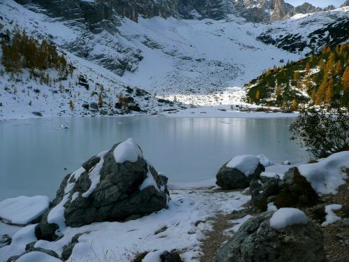Ežeras, Sorapiss, Cortina, Belluno, Žiema, Sušaldyta, Sniegas, Gamta, Kalnai, Kraštovaizdis, Kalnas