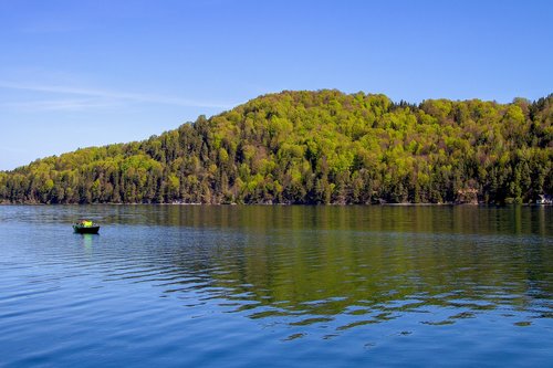 Ežeras,  Medžiai,  Kraštovaizdis,  Mėlynas Dangus,  Žvejybos Laivas,  Fuschlsee,  Austrija,  Valtis,  Vandenys,  Pobūdį,  Atspindys,  Žvejys,  Veidrodinis,  Vandens,  Pavasaris,  Ramus,  Ramus