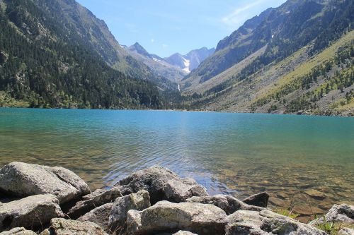 Ežeras, Kalnas, Vasara, Gaube Ežeras, Žygiai, Mėlynas, Peizažai, Pyrénées, Kalnai, Gamta, Kraštovaizdis, Apmąstymai, Žalias, Medžiai