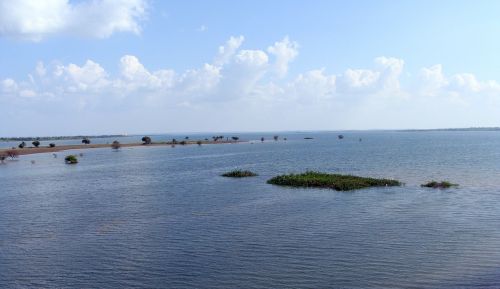 Ežeras, Rezervuaras, Upė, Krishna, Smėlis, Sala, Griuvėsiai, Karnataka, Indija