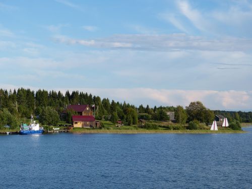 Ežeras Ladoga, Rusija, Kraštovaizdis, Gamta, Kaimas, Namai, Miškas, Spygliuočių, Medis, Vanduo, Šventė, Turizmas, Laivas, Boot