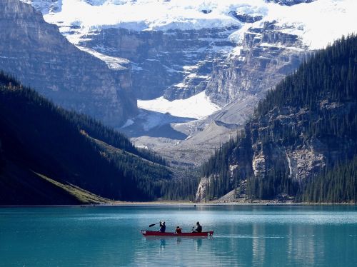 Ežero Louise, Kanoją, Kanada, Ežeras, Kalnai, Kraštovaizdis, Alberta, Vaizdingas, Panorama, Peizažas, Smaragdas, Atspindys